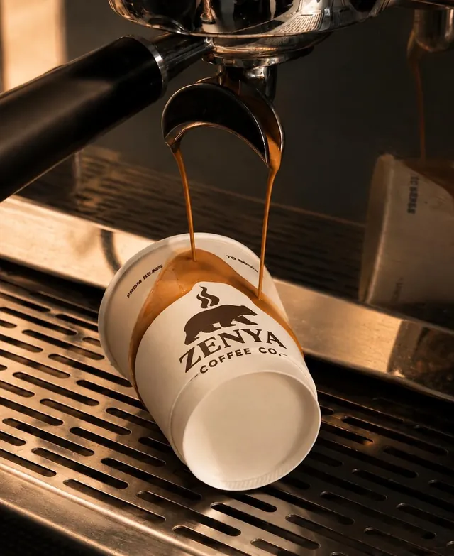 Espresso makinesinden Zenya bardağına akan çift shot